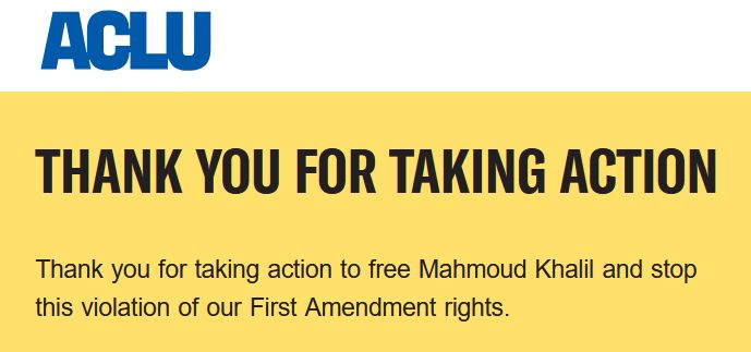 An online thank you from ACLU for sending a message to Todd Lyons, Acting ICE Director, to free Mahmoud Khalil