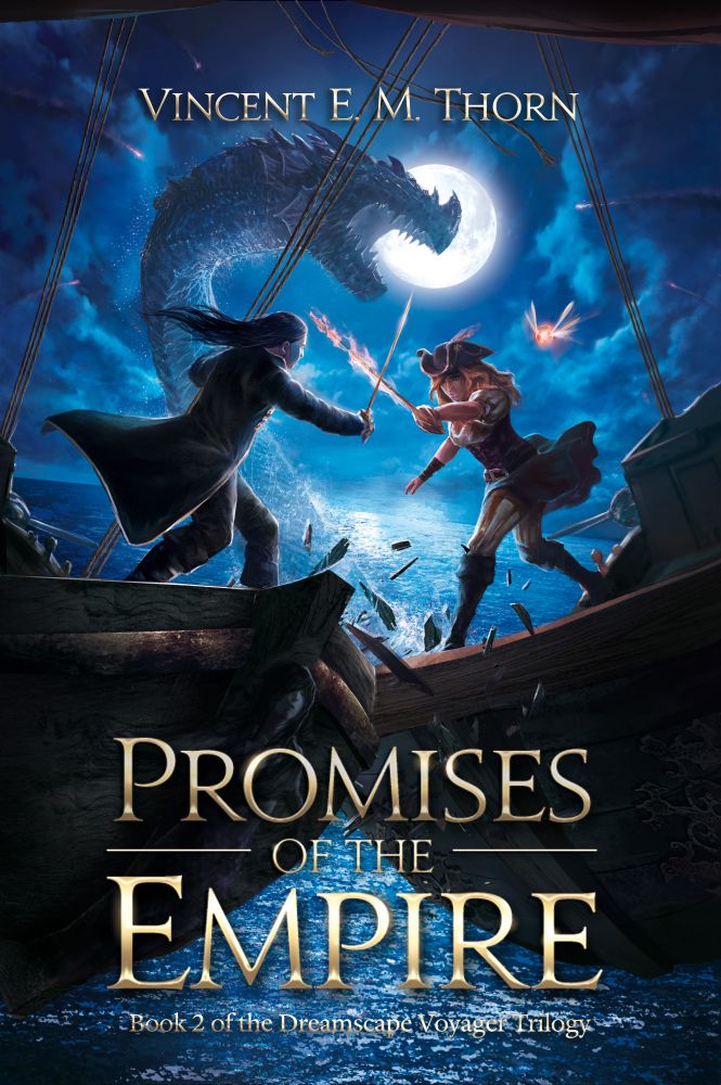 Cover of Promises of the Empire by Vincent E.M. Thorn. Art by Fabrice Bertolotto. 