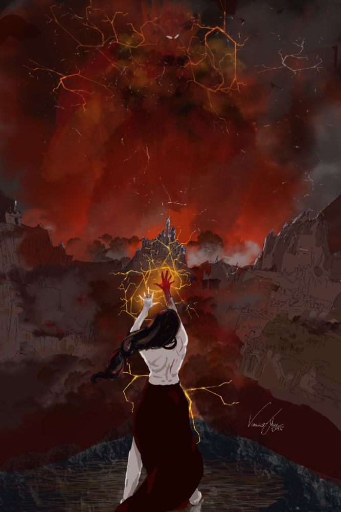 Painting of a woman with a bare back standing on the edge of a cliff overlooking a valley of red clouds. Her hands are raised and she is conjuring golden light and lightning from them. One hand is covered in blood. Across the valley, wreathed in flames and smoke looms a giant. Art by Vincent E.M. Thorn