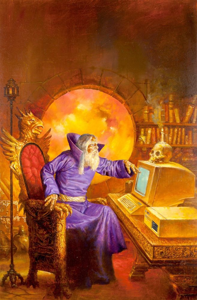 a painting by doug beekman showing a grey haired wizard in a purple robe nside his smoky study with tall bookshelves and a cirvulat doorway (or maybe a mirror) showing yellow-reddish mist. the wizard is sitting in a thronelike chair with winged ornaments and a bird of prey head on top of it. he is reaching out to an old desktop computer on top of a heavy desk.