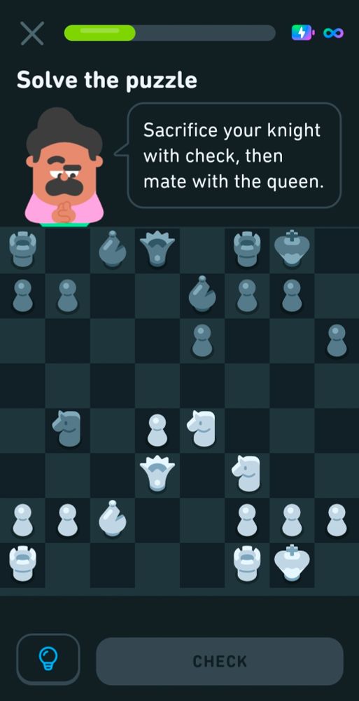 A screenshot of Duolingo chess. Oscar is saying "Sacrifice your knight with check, then mate with the queen."