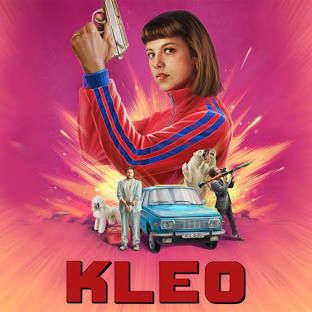 KLEO poster, a woman holding an automatic pistol. Below are smaller images of a car, a man standing next to it, another man with a rocket launcher, a large white poodle, and a polar bear
