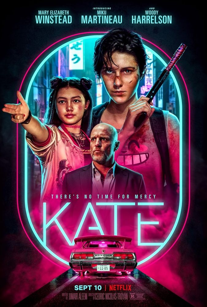 KATE poster, a woman holding a silenced pistol, a girl pointing "finger gun", a man looking concerned, a car