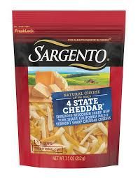 A package of Sargento 4 State Cheddar cheese (shredded)