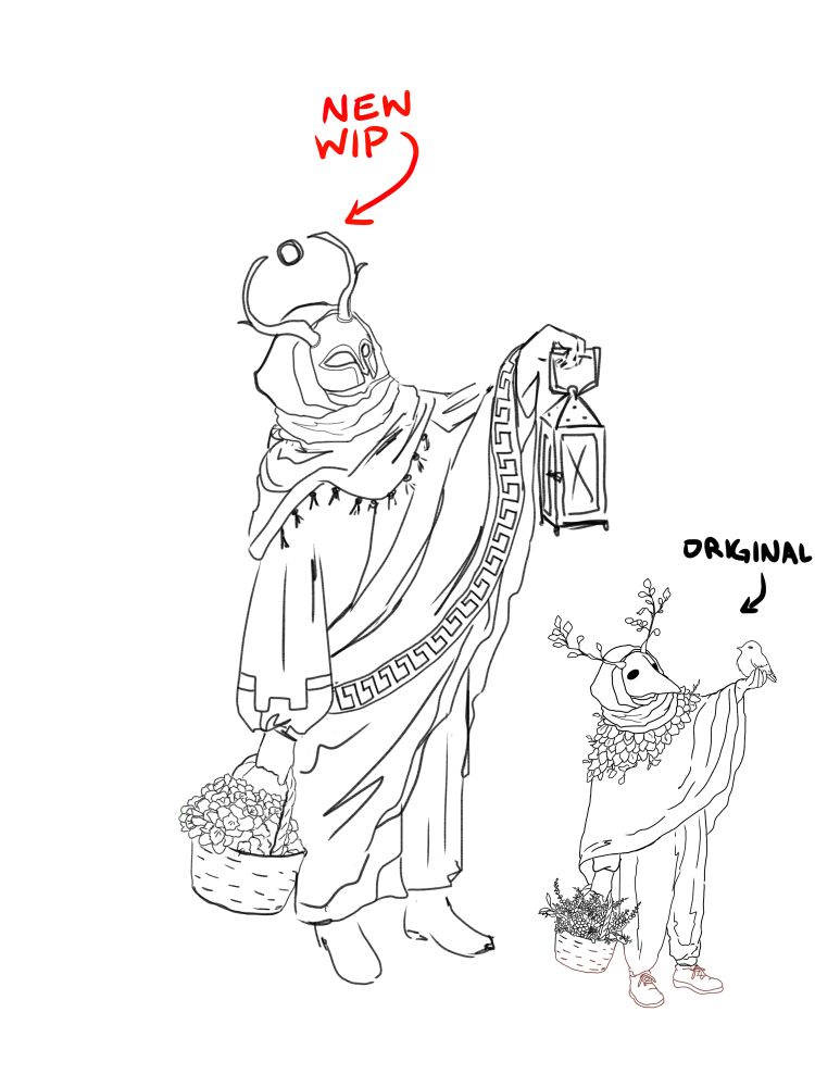 A more polished, digital version of the first sketch is on the right. On the left, with the words “New WIP” in red above it, is the new sketch. The little character is now wearing a long-sleeved tunic beneath a toga, and tassled fabric that wraps around his head and shoulders like a hood. He is carrying a basket of daffodils in his left hand, and holding a lantern up in his right. His horns / antlers are now curved and simplified with an orb of light in the centre.