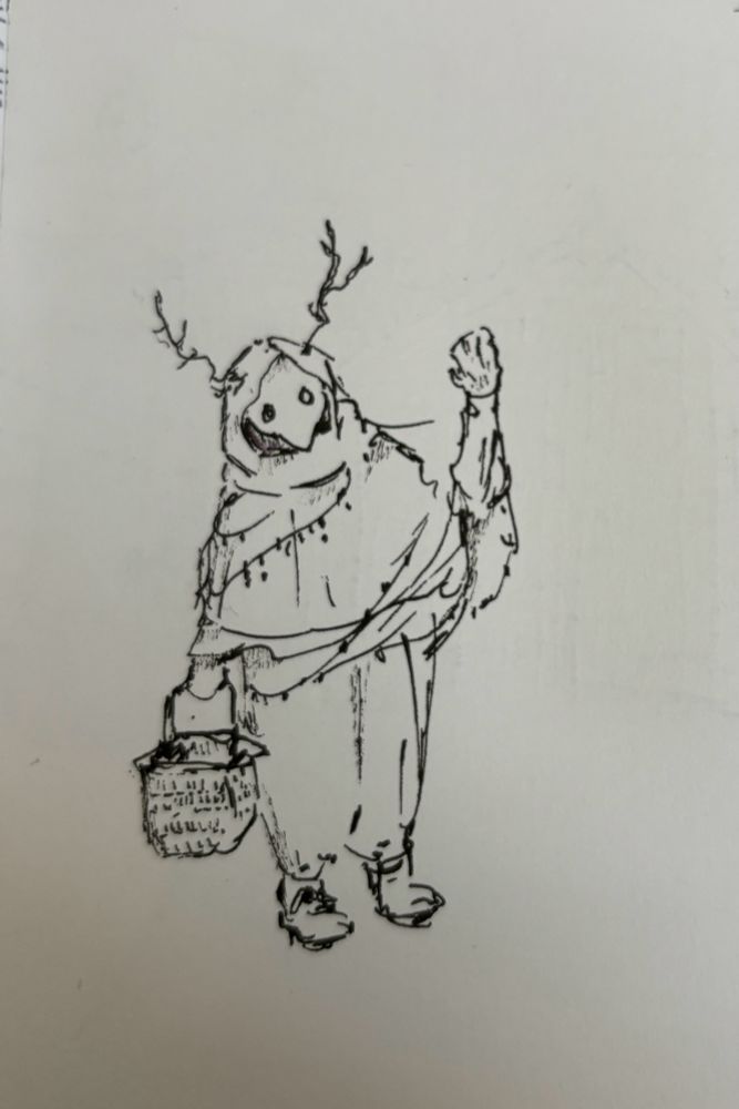 a sketch of a little character wearing a hooded poncho and a simple, short-shouted plague mask with two tree branch shaped horns on their head. they are carrying a basket in their left hand and waving with their right. their trousers are poofy and they’re wearing boots.