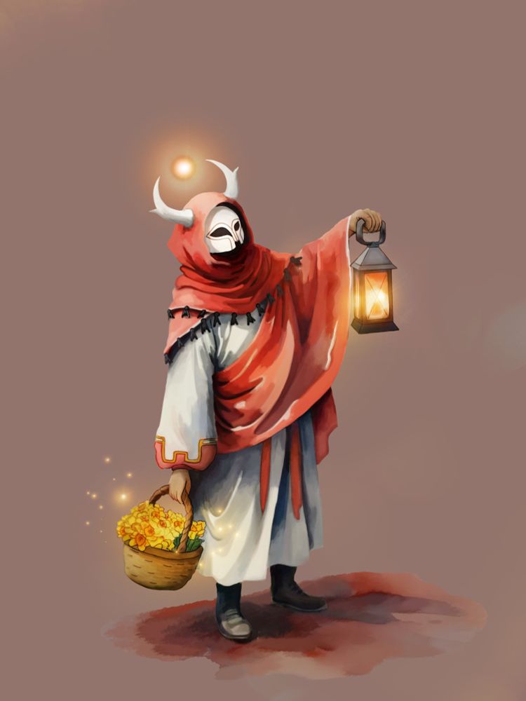 The finished version of the New WIP drawing described in the last two images’ alternative texts. The long sleeved tunic is white, with a simple, golden rectangular geometric pattern lining the bottom of the sleeves (Which are red beneath this pattern). This red matches the red hood with black tassels and the red toga worn over his tunic. His horns are white and almost U-shaped, with a glowing golden orb in the centre.
His mask is white, and only covers the top half of the face, with the lower half covered by shadows and fabric.
The daffodils in the brown wicker basket and the silver metal lantern both have the same kind of glow, illuminating their surroundings and the fabric beside them. Tiny little orbs of light surround the daffodils.
His boots are brown, and there is a shadow cast on the ground beneath. The entire drawing is done digitally in a pastel + watercolour style, with predominantly warm “sunset” tones of red, orange, and yellow, along with some blues and purples for the shadows.