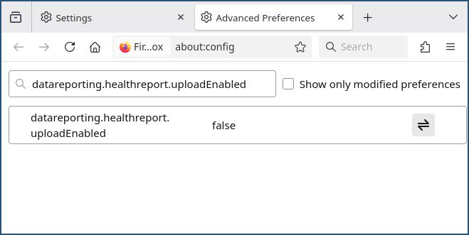 A screenshot of Firefox's about:config page, filtered for datareporting.healthreport.uploadEnabled. The setting is to false, in thin font, indicating that it is the default.