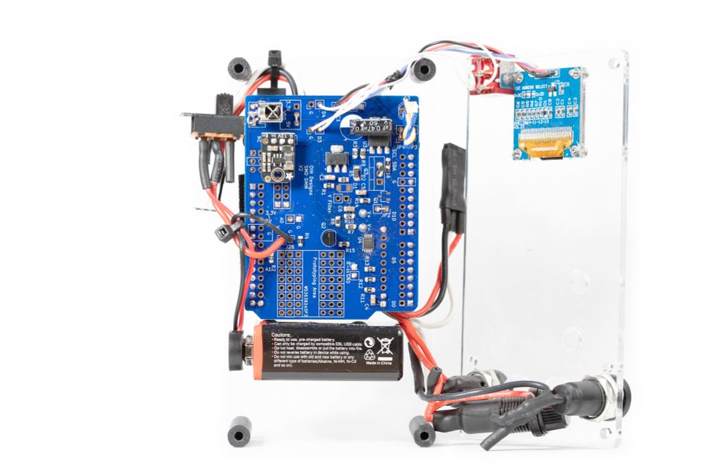 The Arduino DMM with the cover folded away, showing the custom shield. 