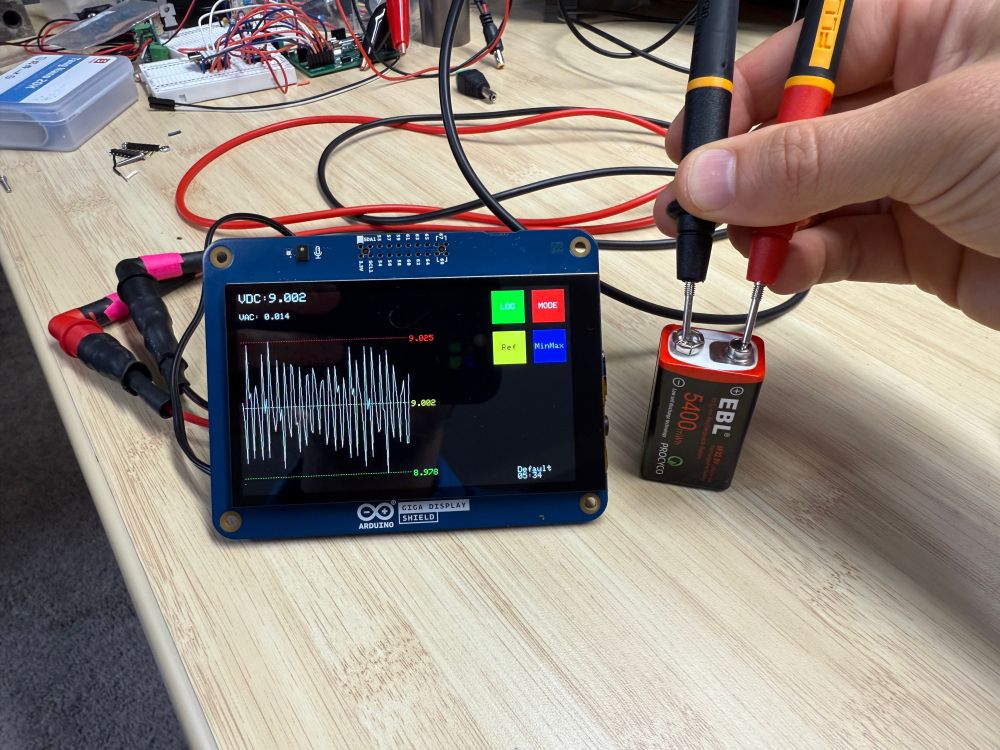 A DMM screen reporting 9vdc when connected to 9vdc battery.