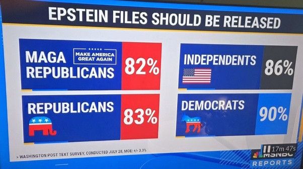 epstein files should be released: maga republicans 82%, republicans 83%, independents 86%, democrats 90%

the 10% of democrats are the ones who are in the files, lmao