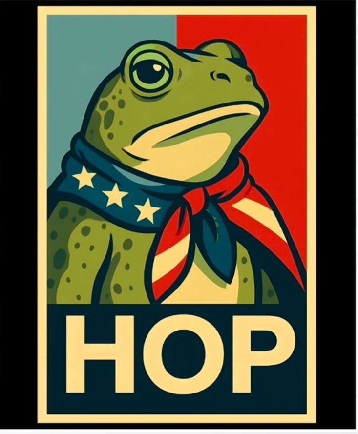 The Portland protest frog on an Obama-like poster that says "Hop".