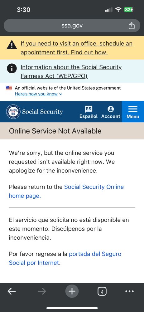 “Online service not available” screenshot on social security website