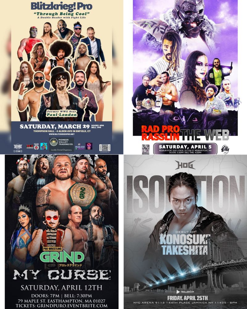A collage of upcoming event posters that I will be doing commentary for.
