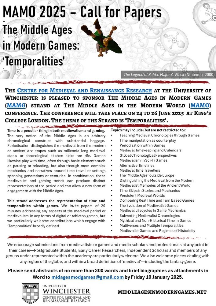 Call for Papers for strand on 'Temporalities' in the Middle Ages in Computer Games headed with image of green clothed swordsman falling through white void inhabited only by stylised clock faces. Text of call available here: https://middleagesinmoderngames.net/announcements/call-for-papers-mamg-mamo-2025/