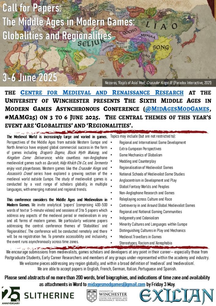 A Call for Papers poster for the Middle Ages in Modern Games conference 2025. The banner image is a medieval map of Afro-eurasia.