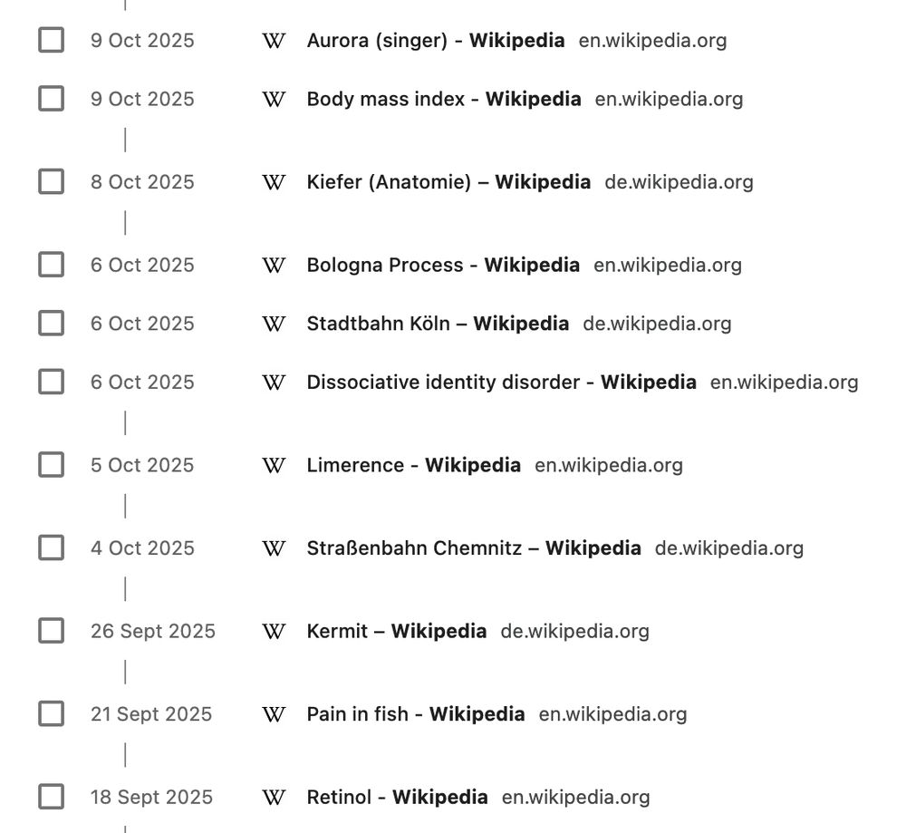 - Aurora (singer)
- Body mass index
- Kiefer (Anatomie)
- Bologna Process
- Stadtbahn Köln
- Dissociative identity disorder
- Limerence
- Straßenbahn Chemnitz
- Kermit
- Pain in fish
- Retinol