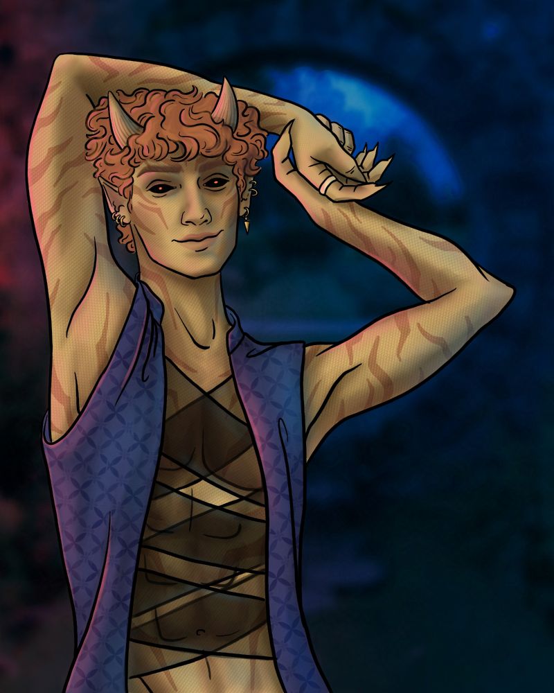 full color of a male demon with curly ginger hair, horns, and tiger stripes posing with his arms above his head, wearing a blue patterned vest and criss-cross black mesh shirt
