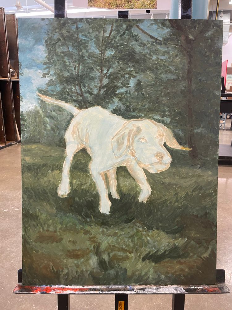 Textured oil painting of an English pointer running through a yellow green field with blue green trees in the background. The dog is left unpainted with the blue and brown underpainting exposed. Background is muted and incomplete. 