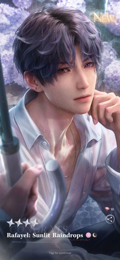 Character Rafayel from love and deep space soaking wet from the rain and in front of purple hyacinth. 

The MC is holding an umbrella over him