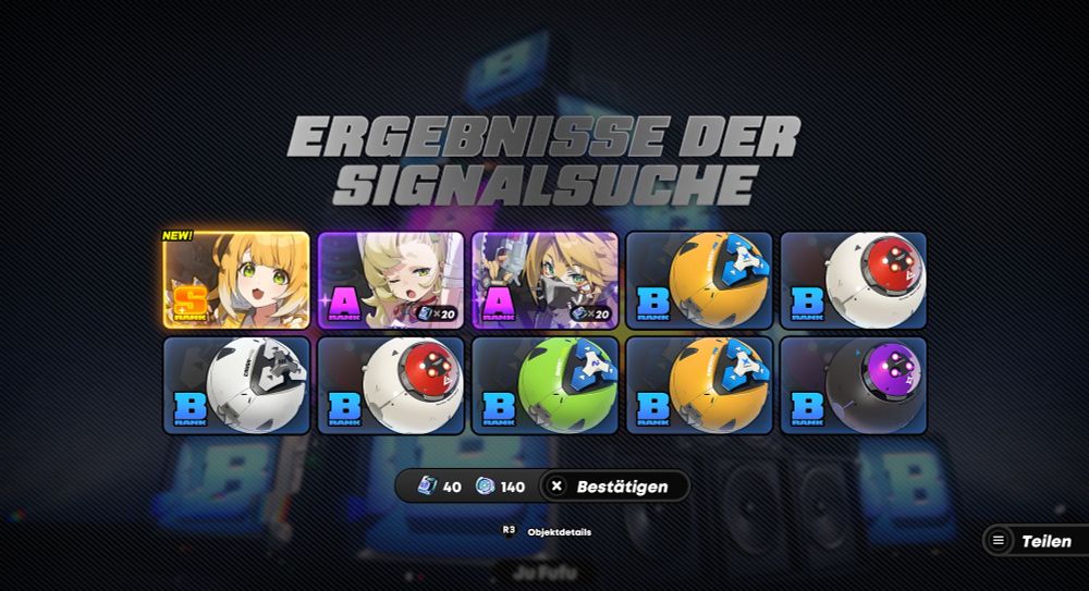 Ten pull from ZZZ, showing a new Ju Fufu (tiger girl) S-Rank character, Pulchra A-Rank and Piper A-Rank, the rest are B-Rank weapons.