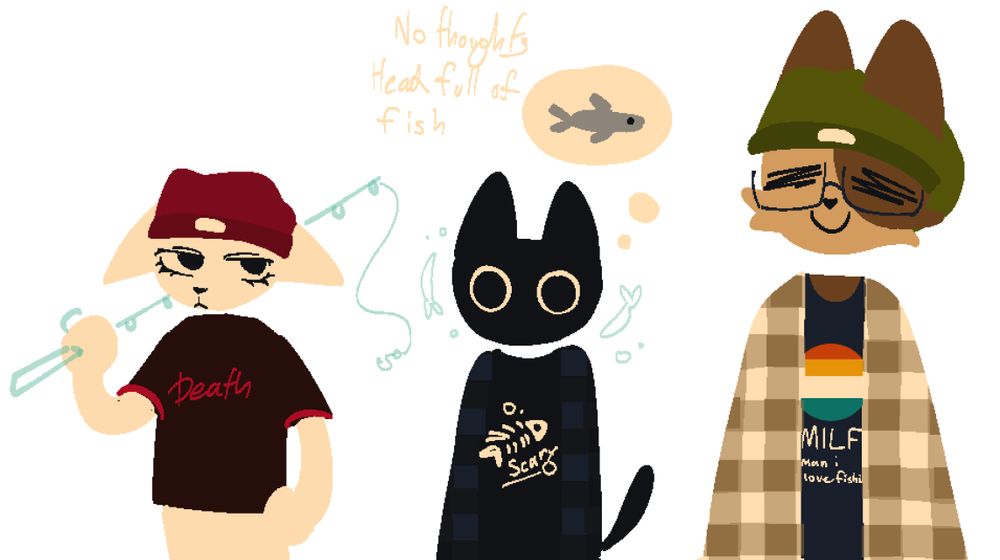 3 cats from the game Webfishing in a lineless style. The one on the left is a white cat with droopy ears, red beanie, a scowl, and a black shirt with the word "Death" on it. The one in the middle is pitch black and has big wide eyes, they are wearing a black flannel with a shirt that says "Scary" below a fish skeleton. The one on the right is a brown and tan cat with a green beanie and glasses. They are wearing a white flannel with a shirt that says "MILF man i love fishing"