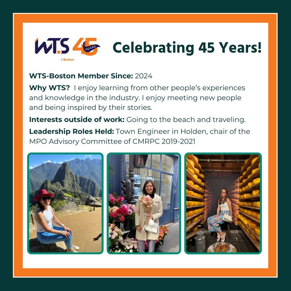 WTS involvement slide for Isabel, member since 2024, explaining her motivation for joining - learning from others' experiences and meeting new people. Lists her leadership roles including Town Engineer in Holden and chair of MPO Advisory Committee 2019-2021. Features three travel photos: at Machu Picchu in Peru, at a European flower market, and in what appears to be a cheese storage facility, reflecting her interest in beach and travel activities.