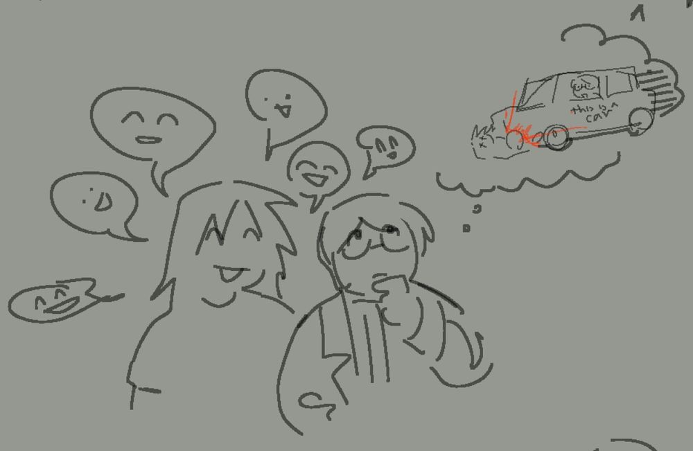drawing of my ocs mao and samuel. mao speaks, all of the speech bubbles filled with smiley emoticons. Samuel is thinking, with a thought bubble with a drawing of Samuel running mao over with a car