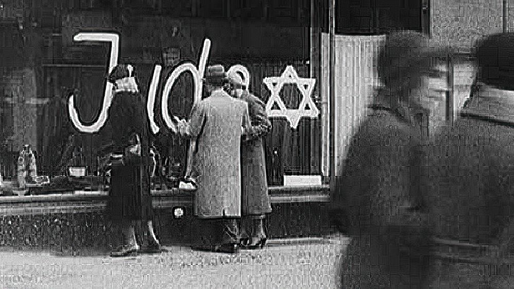 Image from Nazi Germany of a storefront window with Jude and a star of David painted on it by Nazis.