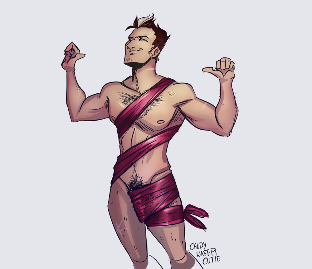 Jason Todd nude, except for a large red ribbon that's barely holding his dick in a way that hides it
