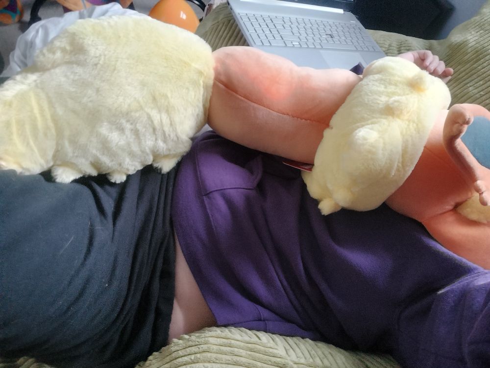 a selfie laying down with a flareon plush