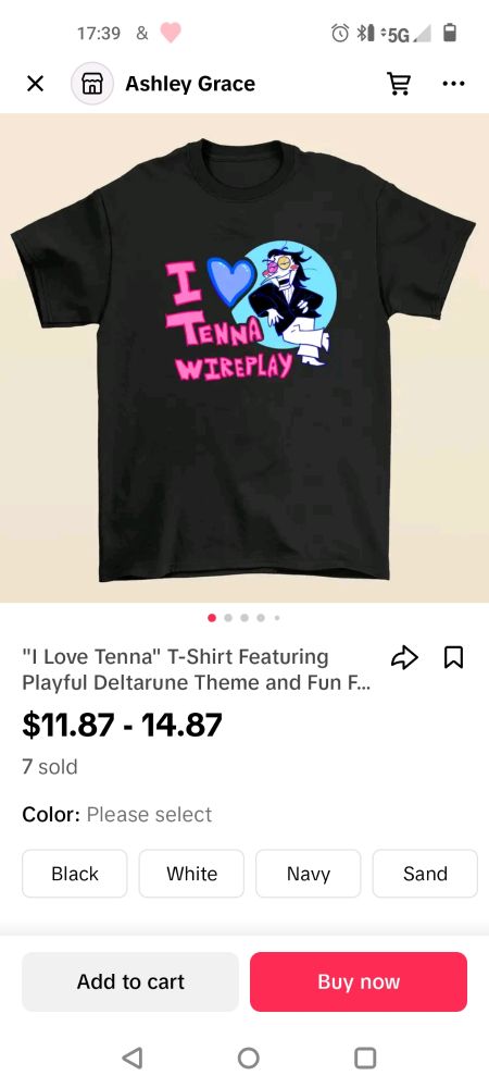 screenshot of a tiktok shop listing for a black shirt that says i heart tenna wireplay with spamton leaning on the words in front of a light blue circle