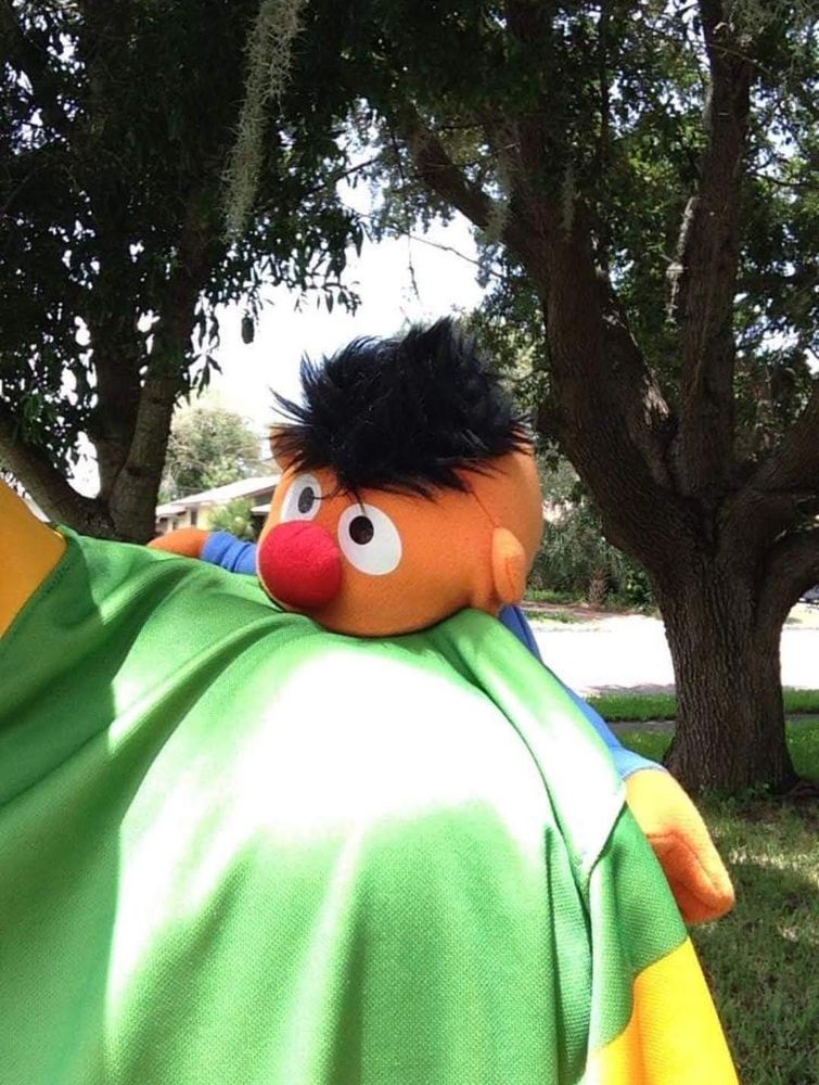 Photo of an Ernie doll from Sesame Street with a blue jersey (Uruguay) biting someone's shoulder 