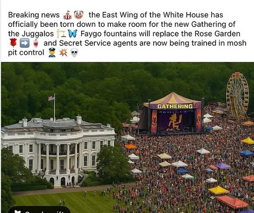 A picture of the US White House with the outdoor stage and crowd from the Gathering of the Juggalos photo-shopped in where the East Wing used to stand.
Caption reads, "Breaking news, the East Wing of the White House has officially been torn down to make room for the new Gathering of the Juggalos.  Faygo fountains will replace the Rose Garden and Secret Service agents are now being trained in mosh pit control."