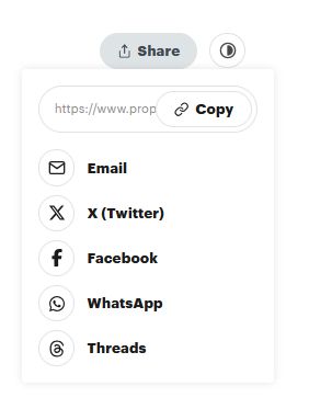 A screenshot of the "share" options on stories posted by ProPublica.  They include Email, X/Twitter, Facebook, WhatsApp, and Threads.  Bluesky is not present.