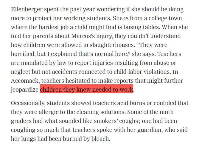Ellenberger spent the past year wondering if she should be doing more to protect her working students. She is from a college town where the hardest job a child might find is busing tables. When she told her parents about Marcos’s injury, they couldn’t understand how children were allowed in slaughterhouses. “They were horrified, but I explained that’s normal here,” she says. Teachers are mandated by law to report injuries resulting from abuse or neglect but not accidents connected to child-labor violations. In Accomack, teachers hesitated to make reports that might further jeopardize children they knew needed to work.

Occasionally, students showed teachers acid burns or confided that they were allergic to the cleaning solutions. Some of the ninth graders had what sounded like smokers’ coughs; one had been coughing so much that teachers spoke with her guardian, who said her lungs had been burned by bleach.