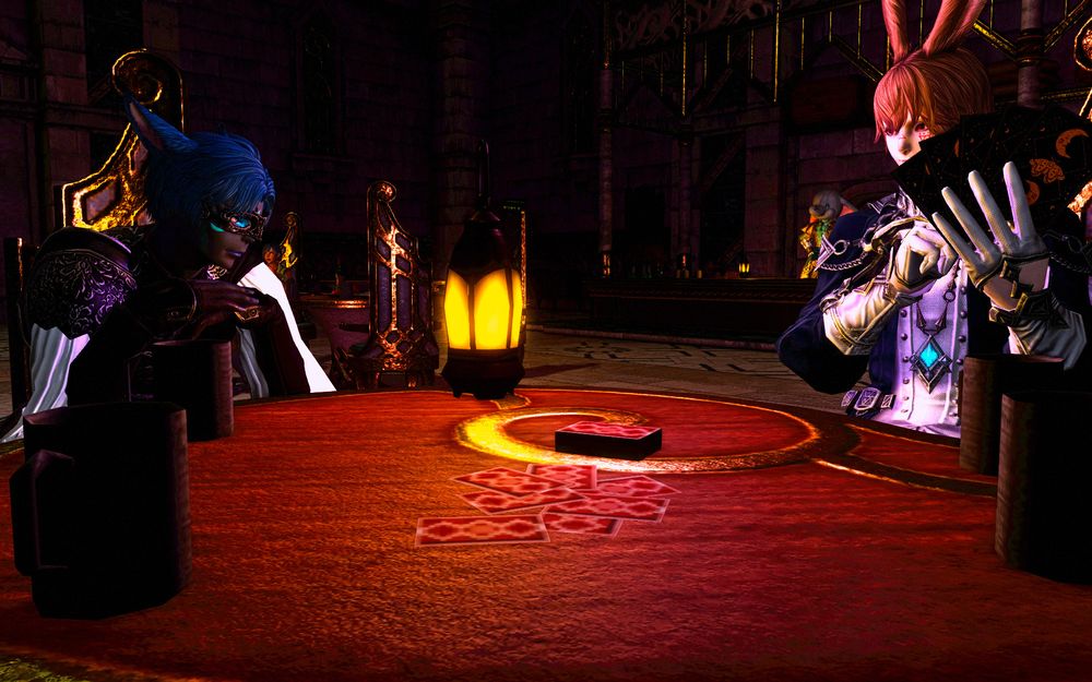 j'ce and loifa at a table at the hard place. loifa seems to be playing cards, and j'ce is probably imagining how he's going to ruin this rabbit. also adkiragh is in the background and absolutely nothing about him is different.
