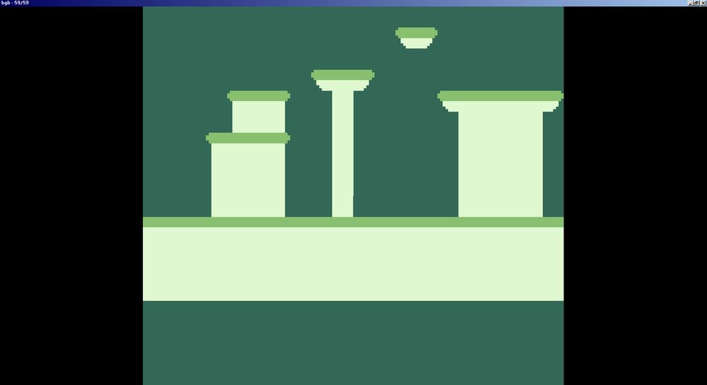 Screenshot of my new 2d sidescroller prototype for the gameboy running on the BGB emulator, the colors for the tiles are a flipped for some reason, but otherwise, it's working fine.