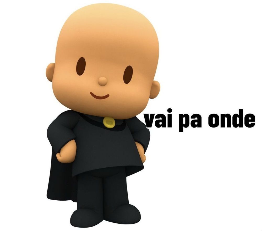 Pocoyo careca caracterizado como o Alexandre de Moraes dizendo "Vai pa onde"