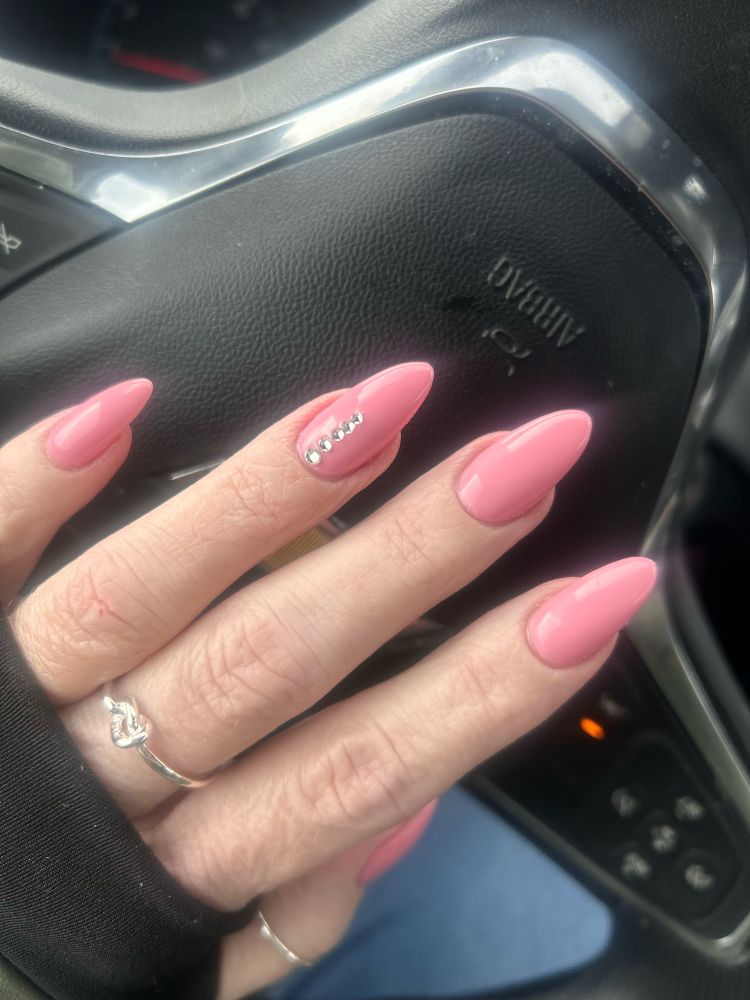 Photo of OP’s left hand with fresh gel manicure in PINK!