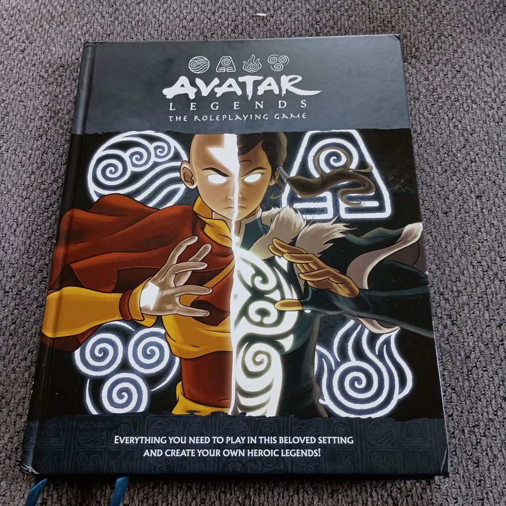 Cover of Avatar Legends RPG. A split picture of Aang and Korra.