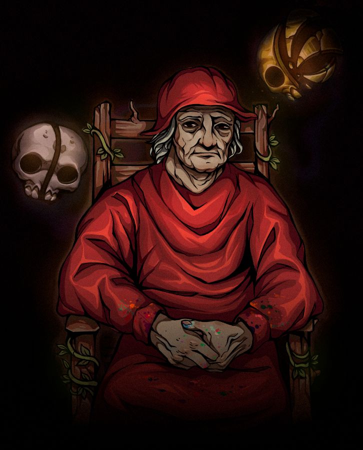 Famed artist Hieronymus Bosch sitting on a seemingly living wooden chair while being haunted by two spirits of skulls, one golden and one made of bone.