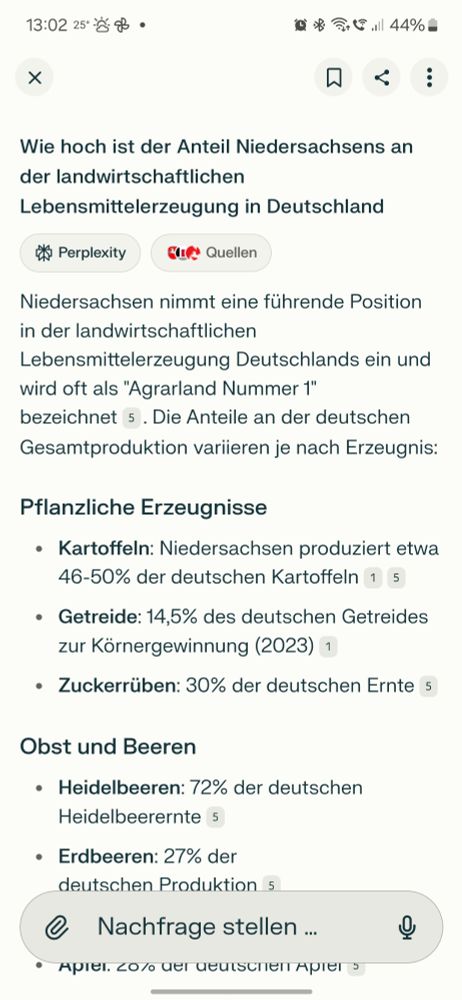 Antwort Perplexity auf die Frage "Wie hoch ist der Anteil Niedersachsens an der landwirtschaftlichen Lebensmittelerzeugung in Deutschland?"