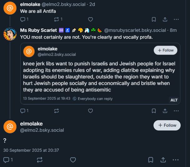 Receipt for conversation in which person who claims we are all Antifa calls ppl protesting genocide 'knee jerk libs' and 'anti-Semites'.