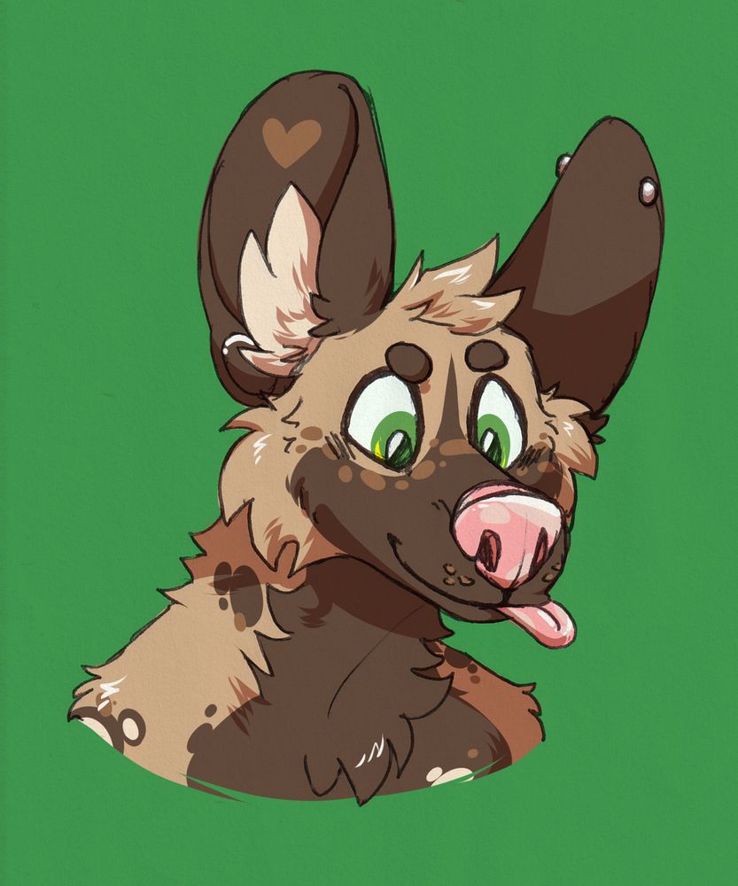 African wild dog bust sketched in ballpoint pen and colored digitally. He's sticking his tongue out the side of his mouth in a silly fashion, and has one of his eyebrows cocked. He's got stretched ears and an industrial in his left ear. He looks very soft and friendly.