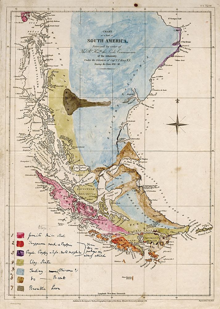 Carte géologique de l'Amérique du Sud, colorisée par Darwin à partir de ses observations sur le terrain au cours du Voyage du HMS Beagle.