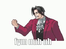 a pixel art of a man in a red suit with the words fym nuh uh