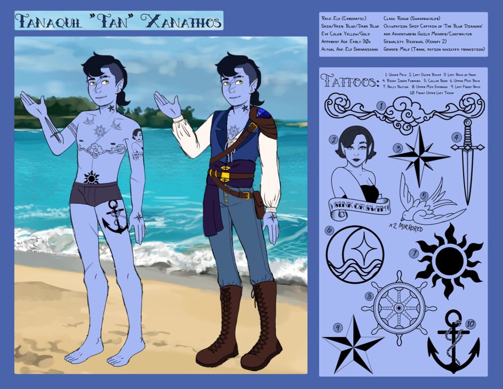 Reference image of Tan Xanathos, a blue elven man with blue/black hair and yellow eyes and covered in nautical tattoos. There are two full body images, one in his underwear to show his tattoos, and another wearing blue and brown colored swashbucklers garb, both set against a sunny beach backdrop. On the other side of the image are reference images for his tattoos.