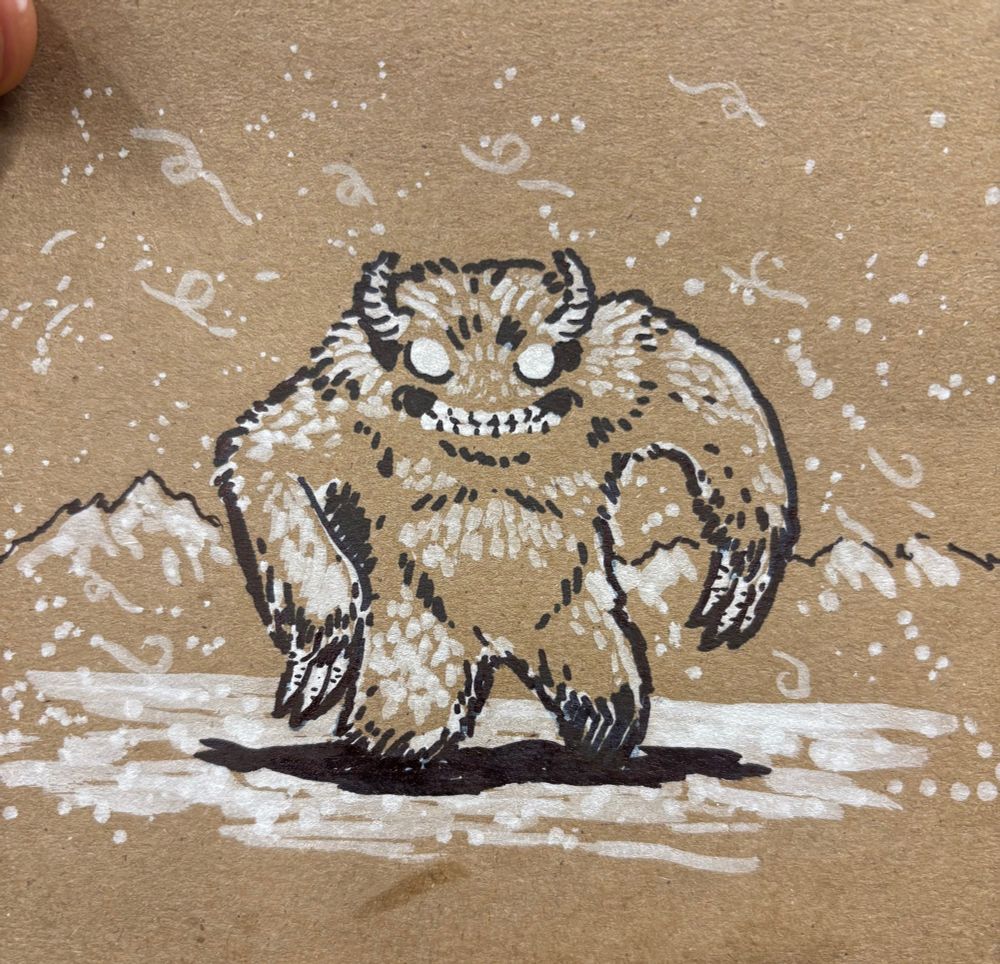 Drawing of a yeti done in Sharpie and white marker on cardboard