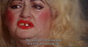 frame do filme pink flamingos do john waters com os dizeres “the world of heterosexual is a sick and boring life”